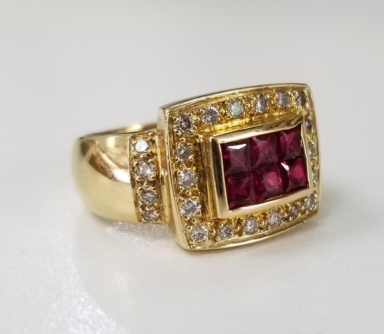 14k yellow gold ruby and diamond ring, containing 6 princess cut ruby of fine quality weighing .91pts. invisible set and 28 round full cut diamonds of very fine quality weighing .40pts.  This ring is a size 5 but we will size to fit for free.