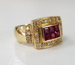 14 Karat Yellow Gold Ruby and Diamond Ring Princess Cut Invisible Set