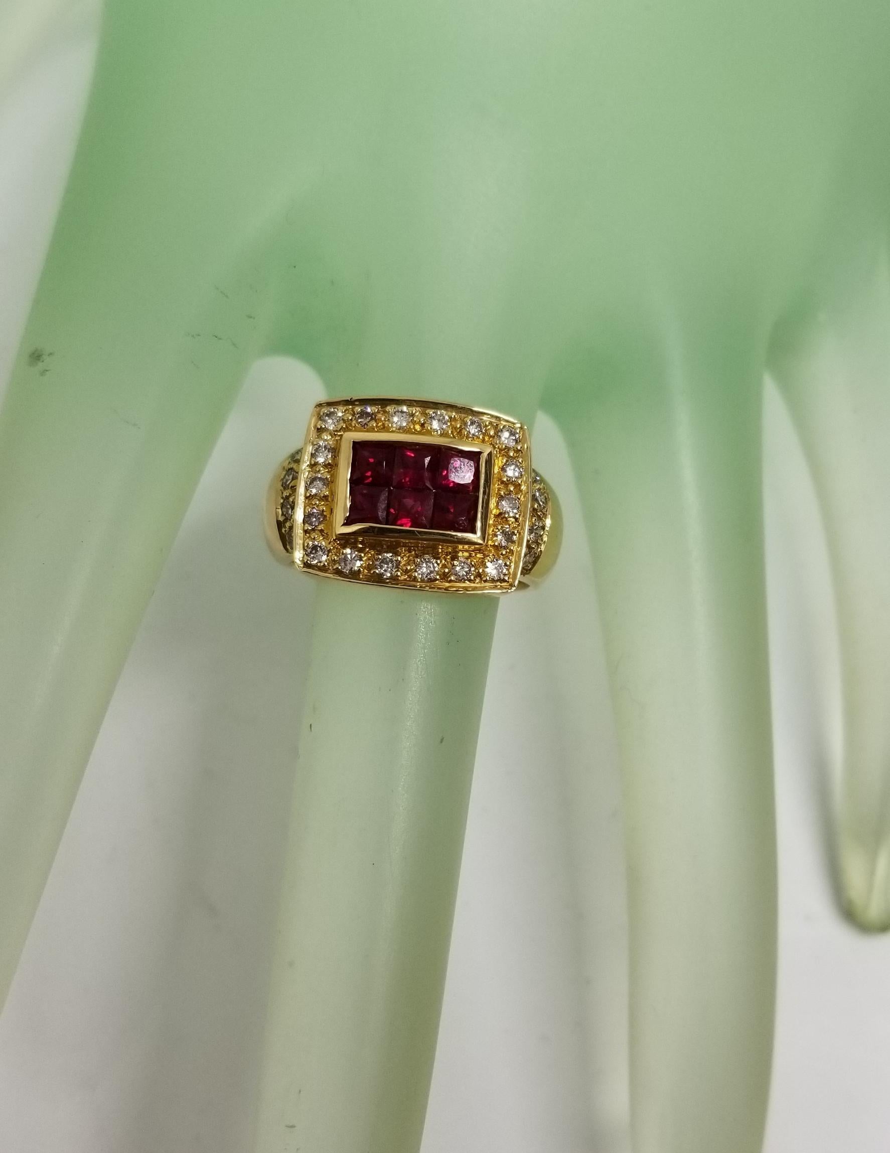 Modern 14 Karat Yellow Gold Ruby and Diamond Ring Princess Cut Invisible Set For Sale