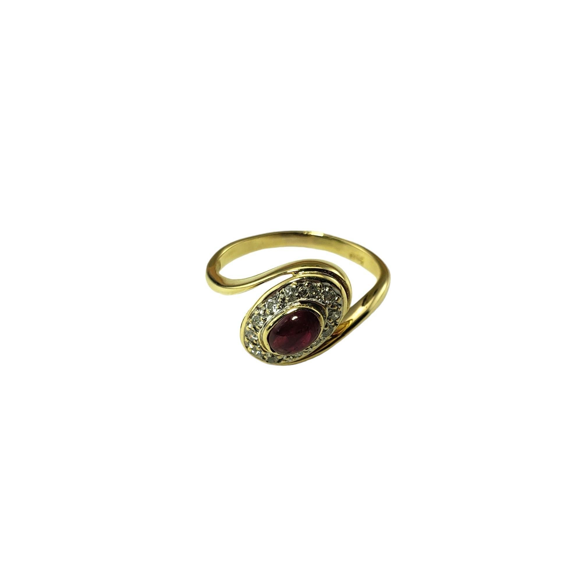 Vintage 14K Yellow Gold Ruby and Diamond Ring Size 5.25 JAGi Certified-

This elegant ring features one oval cabochon ruby (6 mm x 4 mm) and 12 round brilliant cut diamonds set in classic 14K yellow gold. Width: 12 mm.  Shank: 2 mm.

Ruby weight: