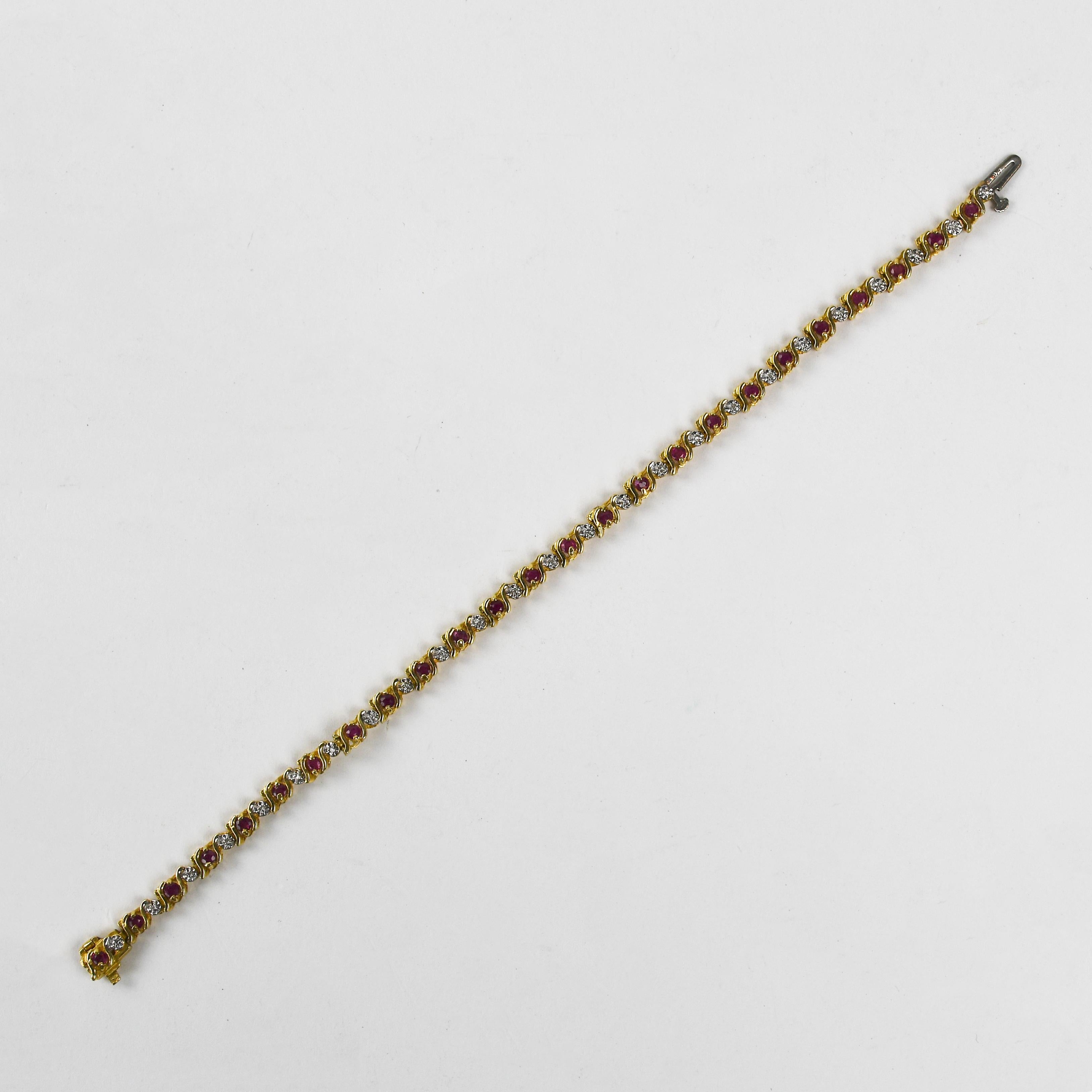 Round Cut 14K Yellow Gold Ruby and Diamond Tennis Bracelet 7.8g For Sale