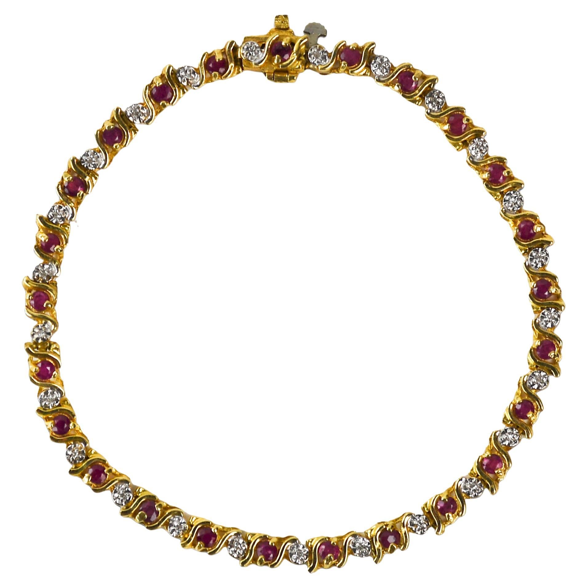 14K Yellow Gold Ruby and Diamond Tennis Bracelet 7.8g For Sale