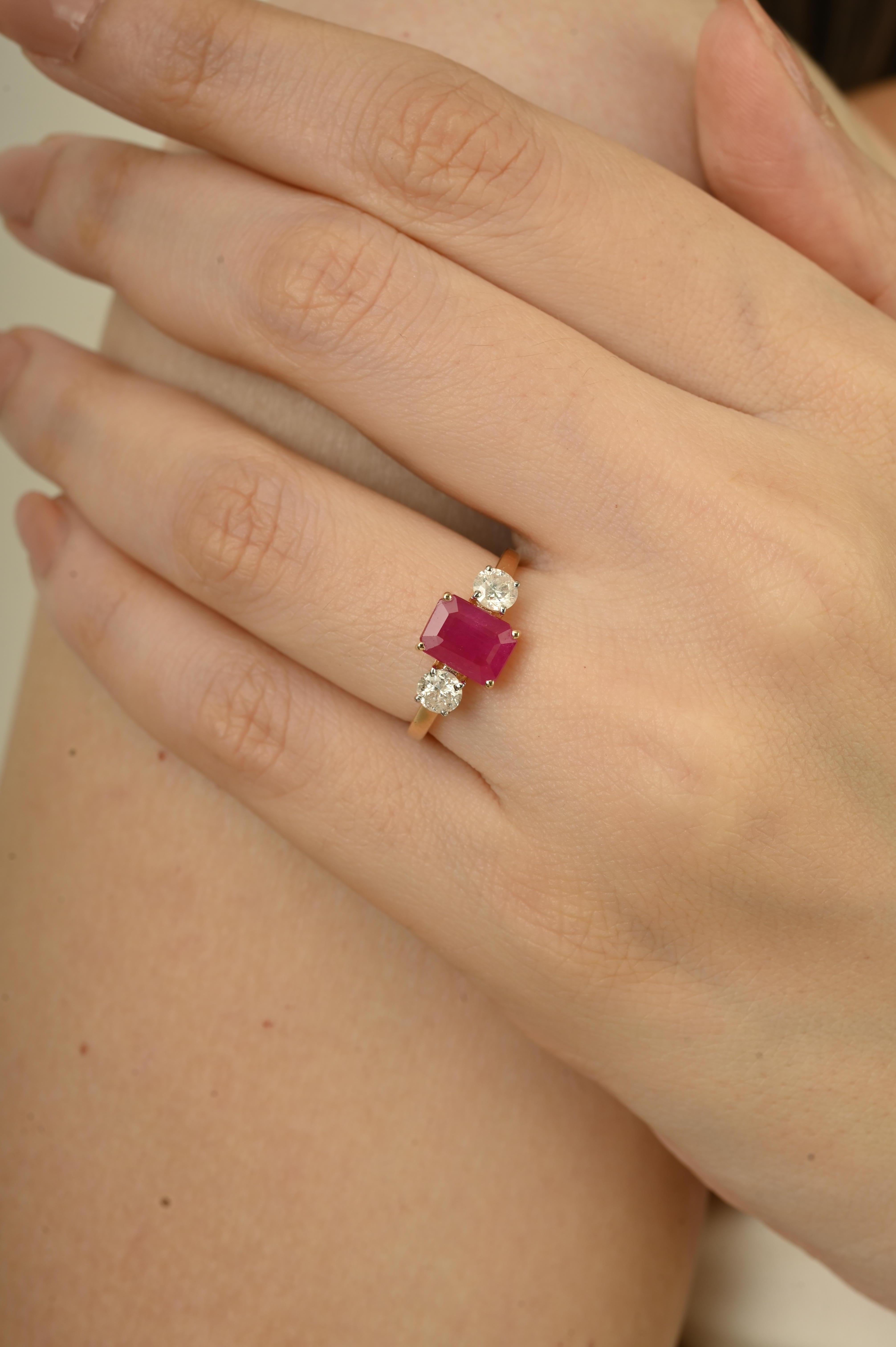For Sale:  14K Yellow Gold Ruby and Diamond Three Stone Ring with 1.48Ct Emerald-Cut Ruby 2