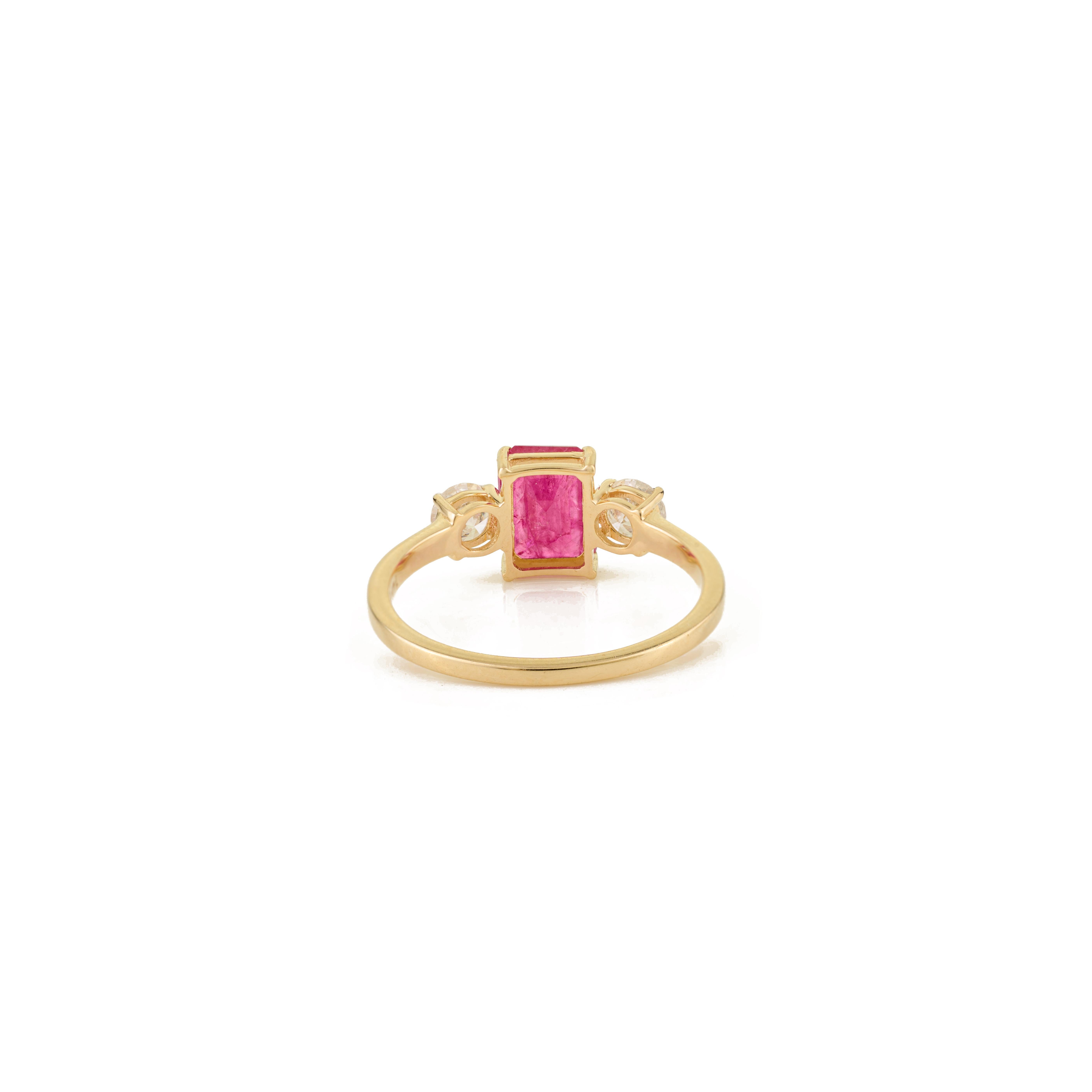 For Sale:  14K Yellow Gold Ruby and Diamond Three Stone Ring with 1.48Ct Emerald-Cut Ruby 3