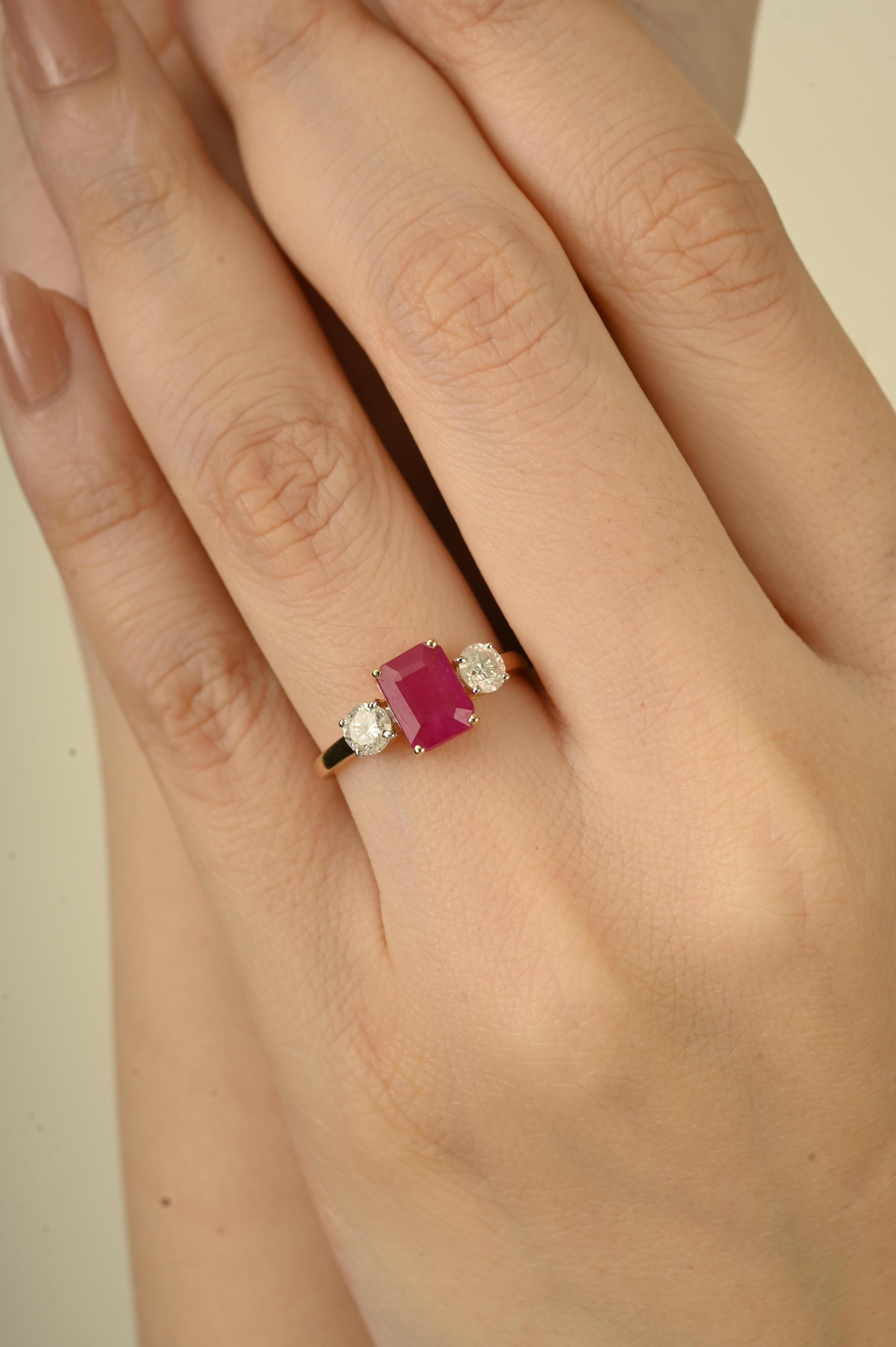 For Sale:  14K Yellow Gold Ruby and Diamond Three Stone Ring with 1.48Ct Emerald-Cut Ruby 4