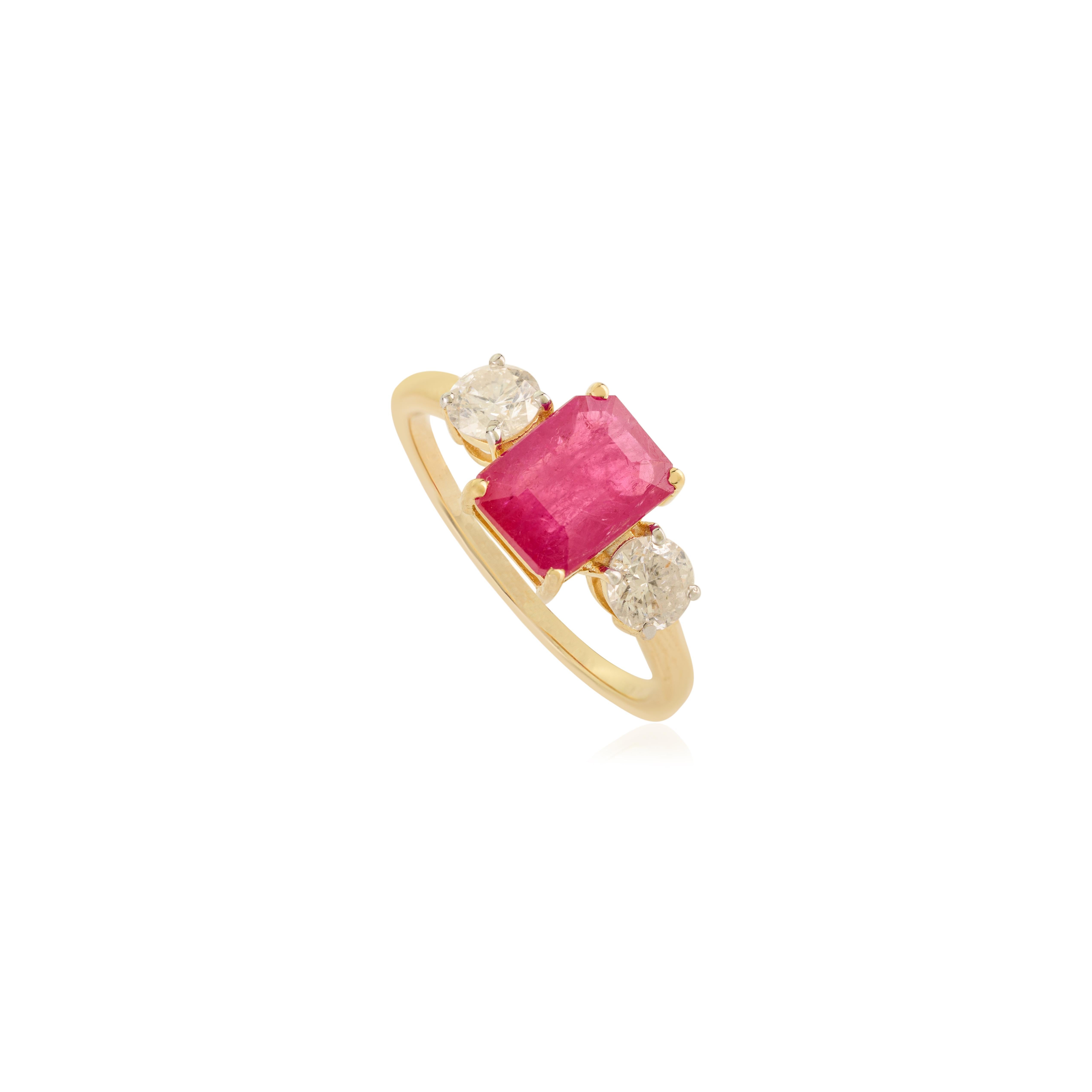 For Sale:  14K Yellow Gold Ruby and Diamond Three Stone Ring with 1.48Ct Emerald-Cut Ruby 7