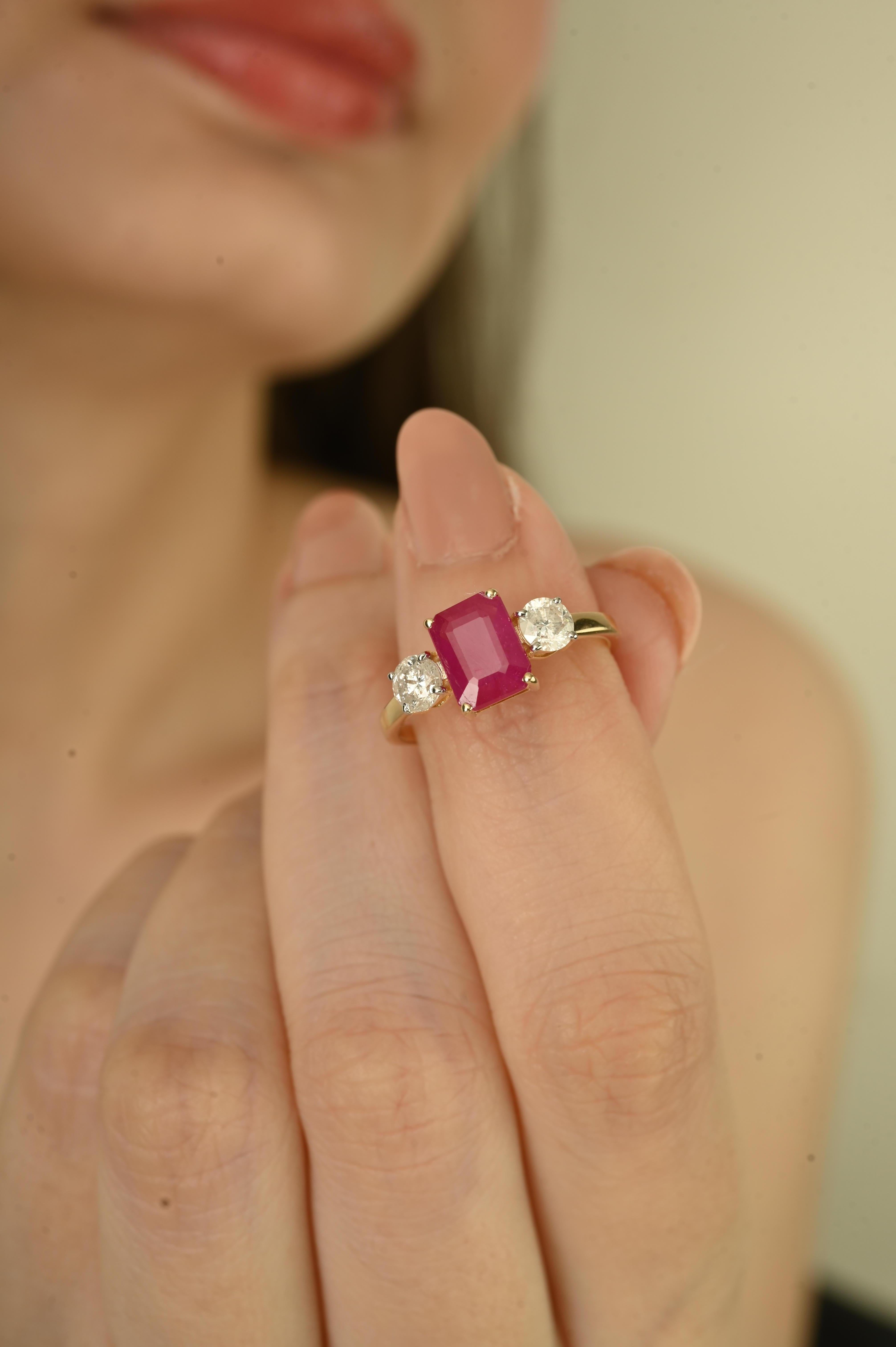 For Sale:  14K Yellow Gold Ruby and Diamond Three Stone Ring with 1.48Ct Emerald-Cut Ruby 8