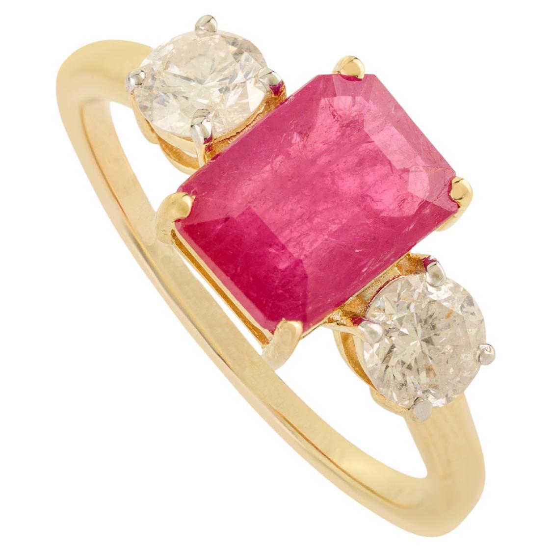 For Sale:  14K Yellow Gold Ruby and Diamond Three Stone Ring with 1.48Ct Emerald-Cut Ruby