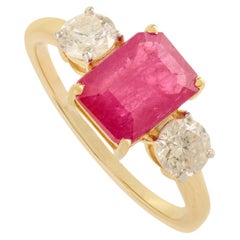 14K Yellow Gold Ruby and Diamond Three Stone Ring with 1.48Ct Emerald-Cut Ruby