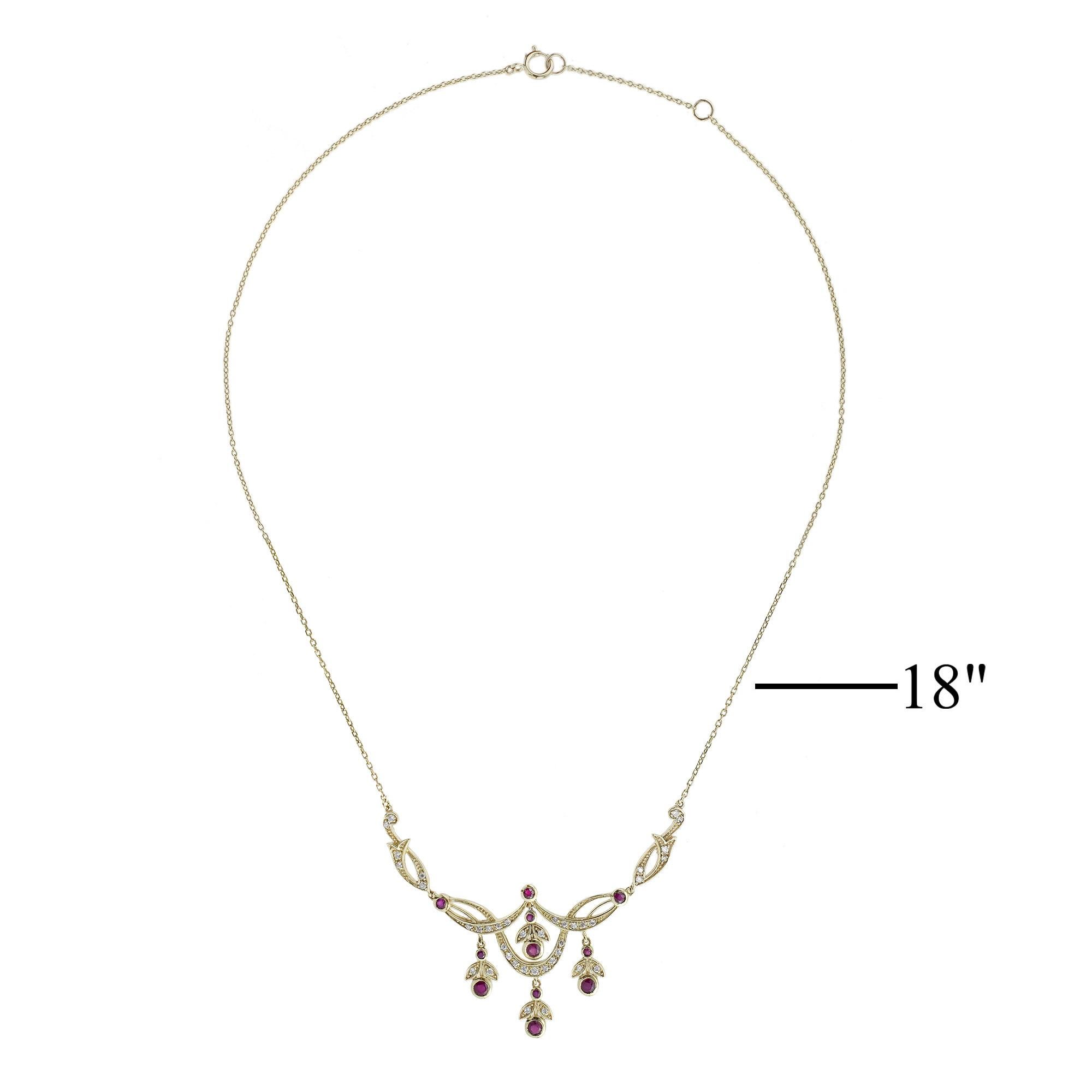 Donna Collana floreale in oro giallo 14K con rubini e diamanti in stile vittoriano in vendita