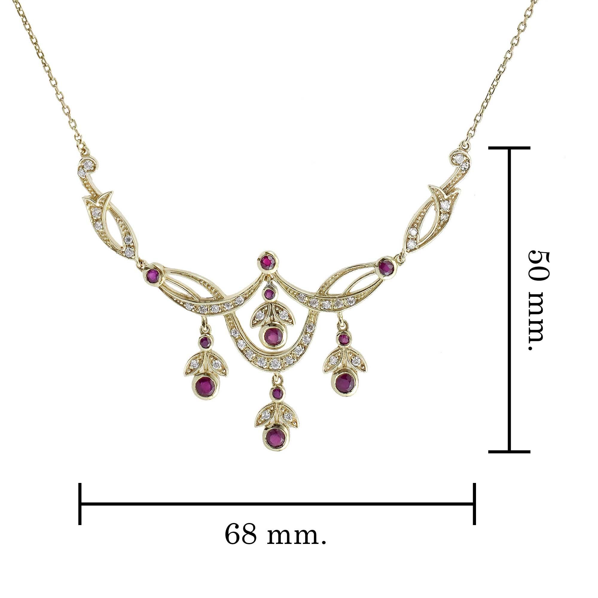 Collana floreale in oro giallo 14K con rubini e diamanti in stile vittoriano in vendita 1