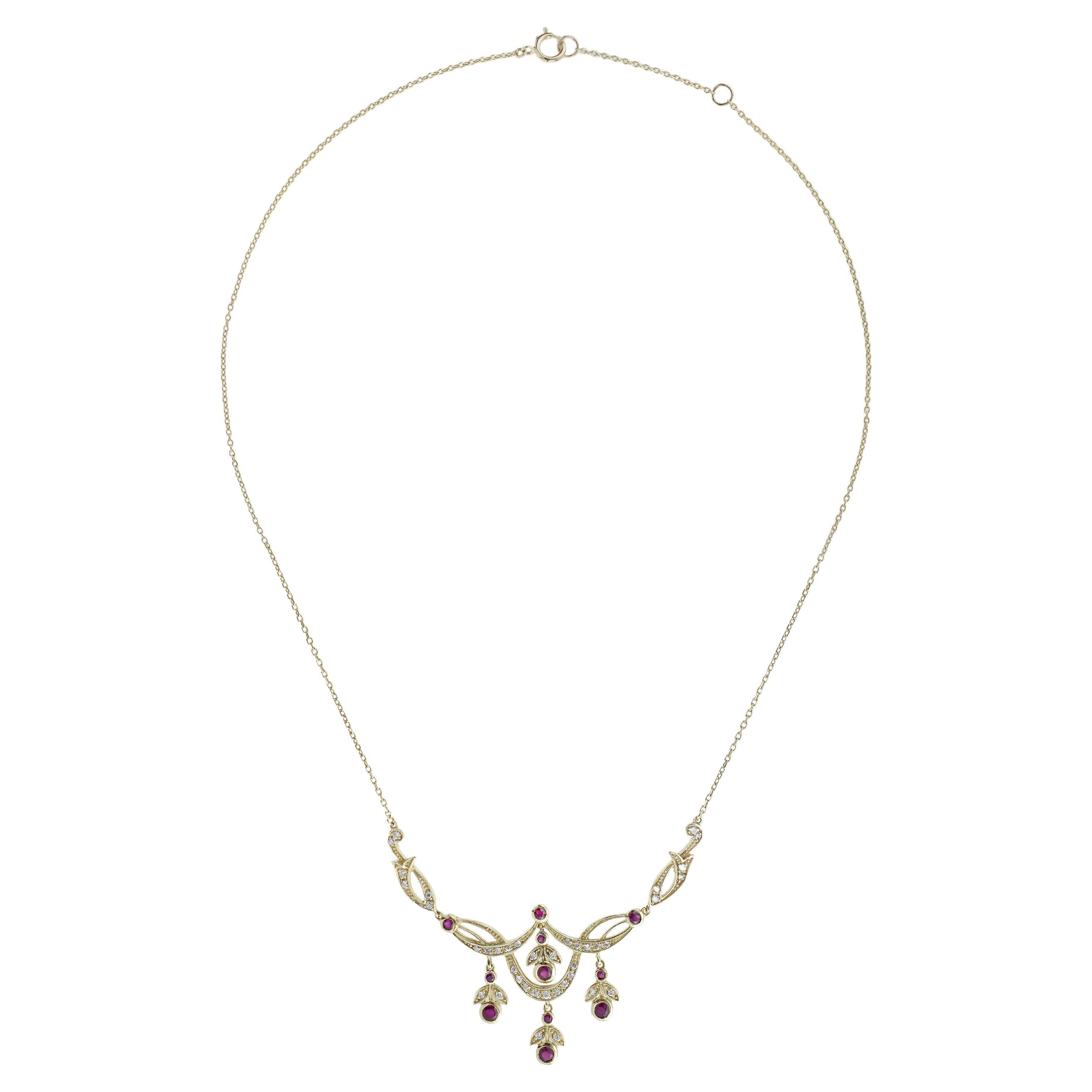 Collana floreale in oro giallo 14K con rubini e diamanti in stile vittoriano