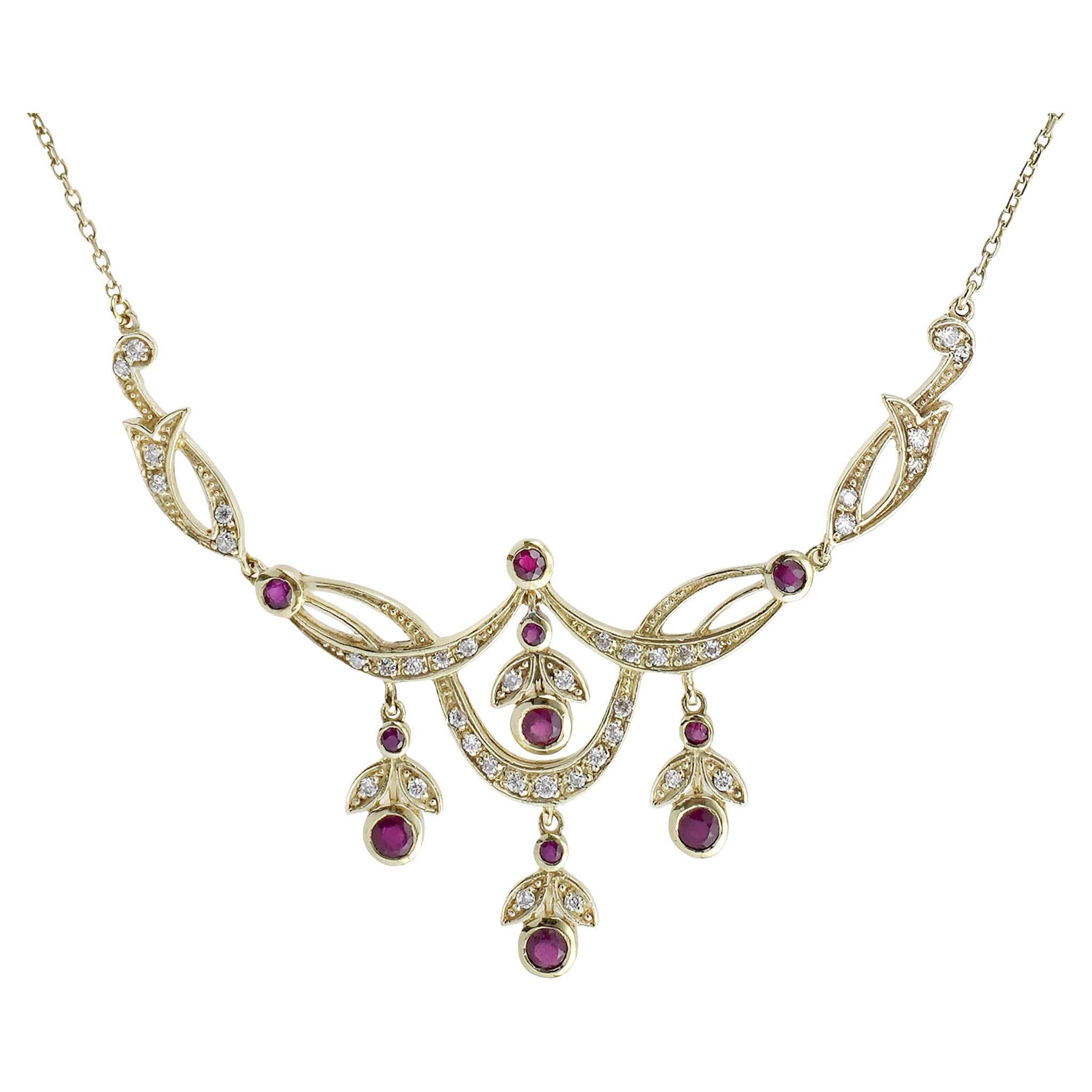 Collana floreale in oro giallo 14K con rubini e diamanti in stile vittoriano in vendita
