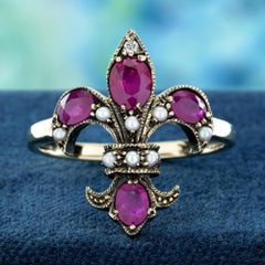 14K Yellow Gold Ruby and Diamond Vintage Style Fleur De Lis Ring