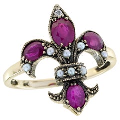 14K Yellow Gold Ruby and Diamond Vintage Style Fleur De Lis Ring
