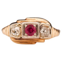 14K Yellow Gold Ruby and Old Mine Cut Diamond 3 Stone Ring