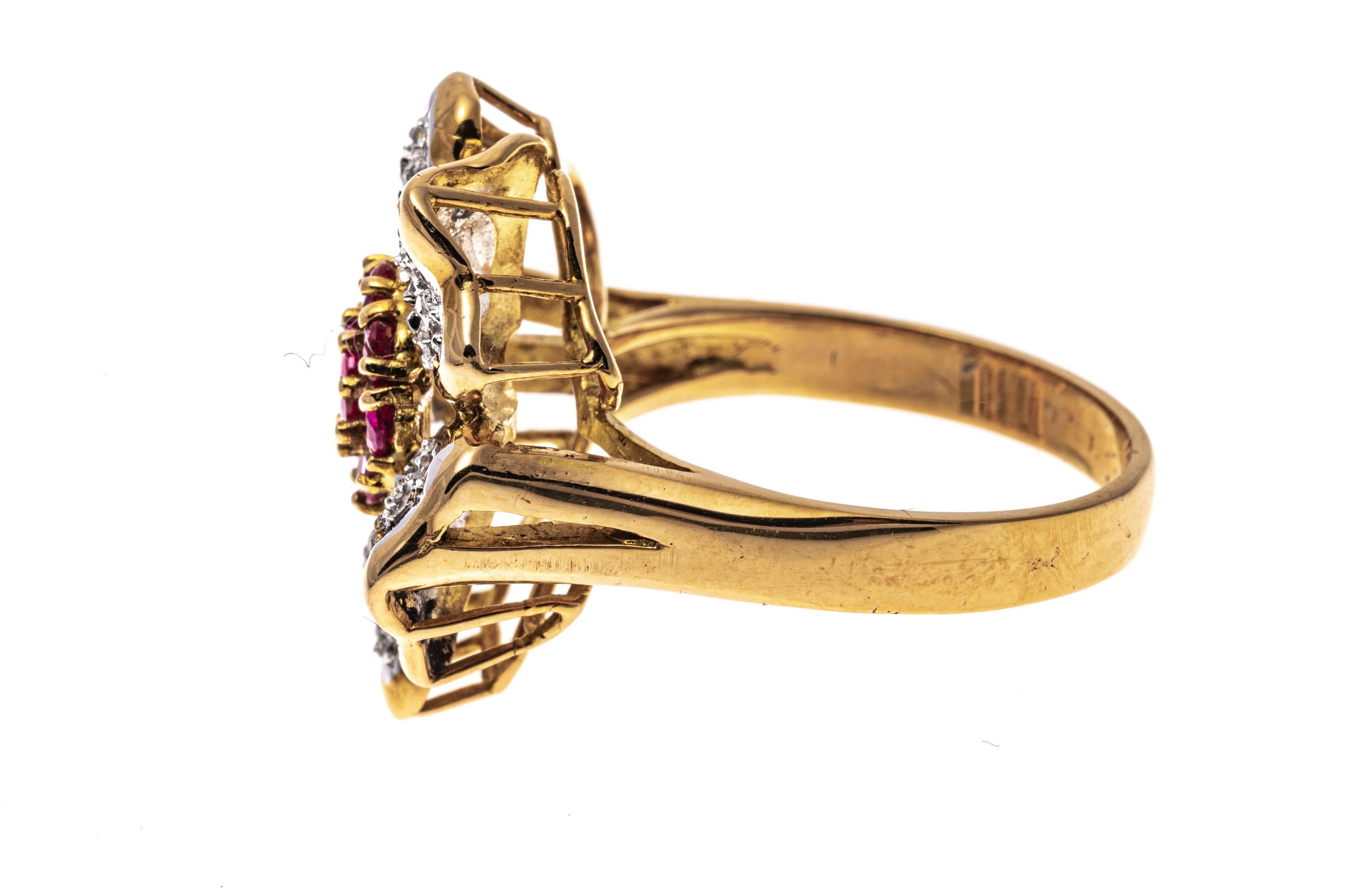 Round Cut 14k Yellow Gold Ruby and Pave Diamond Flower Motif Ring For Sale