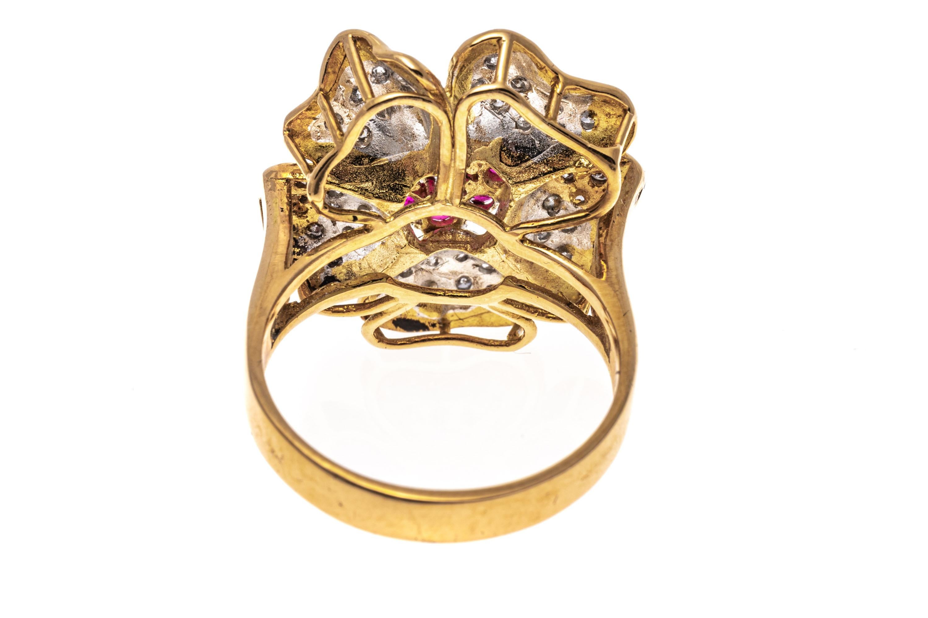 Women's 14k Yellow Gold Ruby and Pave Diamond Flower Motif Ring For Sale