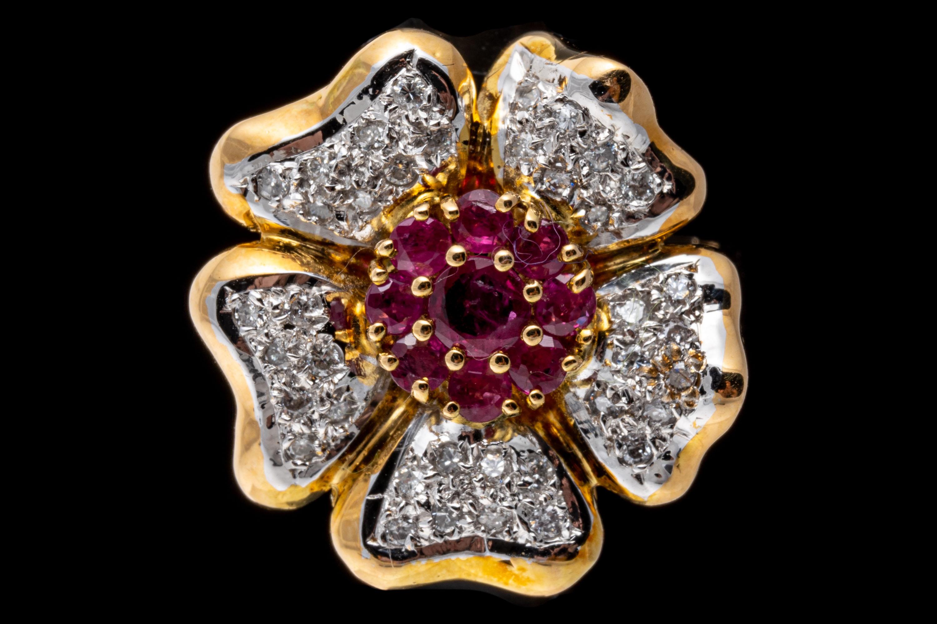 14k Yellow Gold Ruby and Pave Diamond Flower Motif Ring For Sale 1