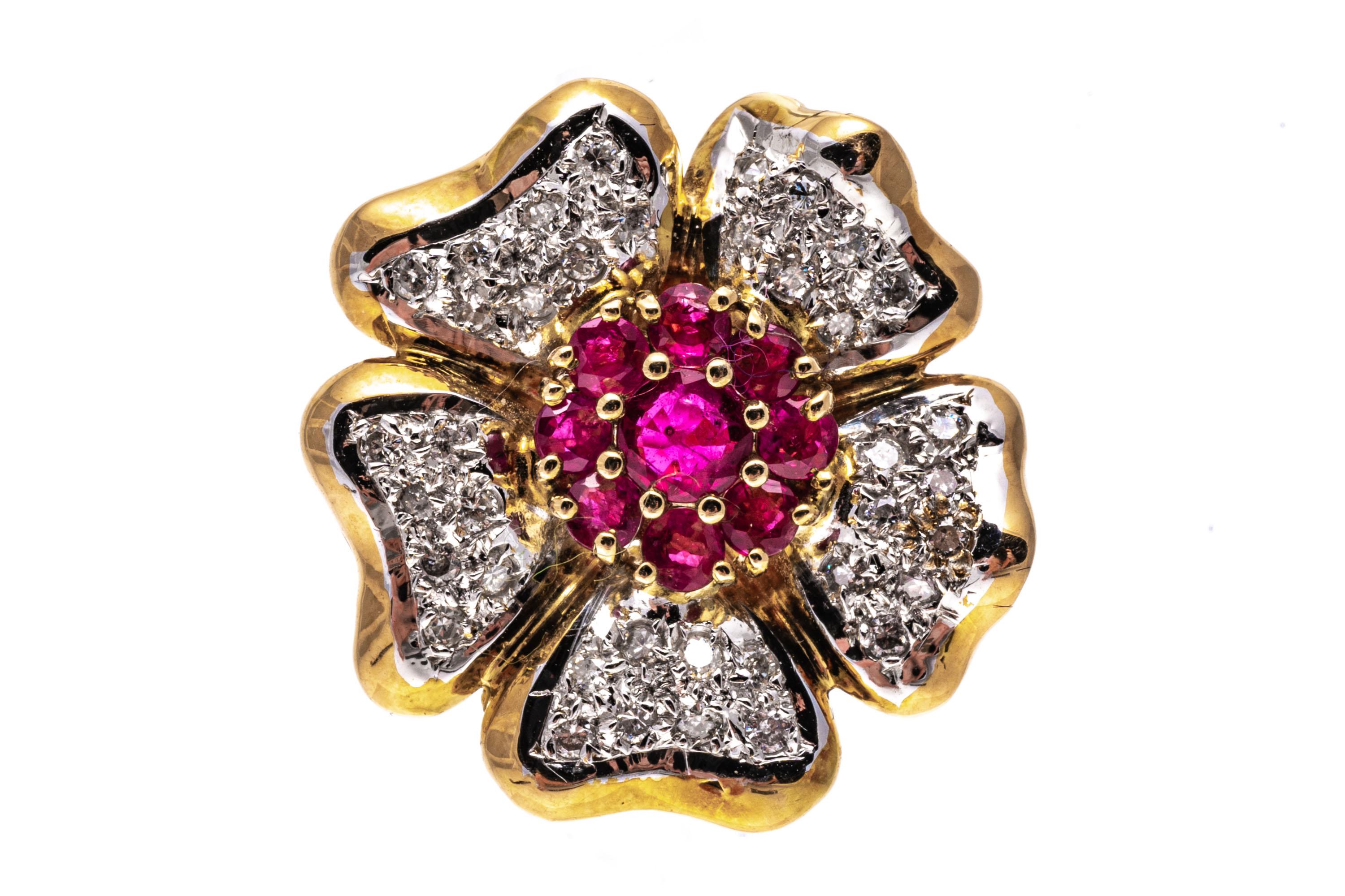 14k Yellow Gold Ruby and Pave Diamond Flower Motif Ring For Sale 2