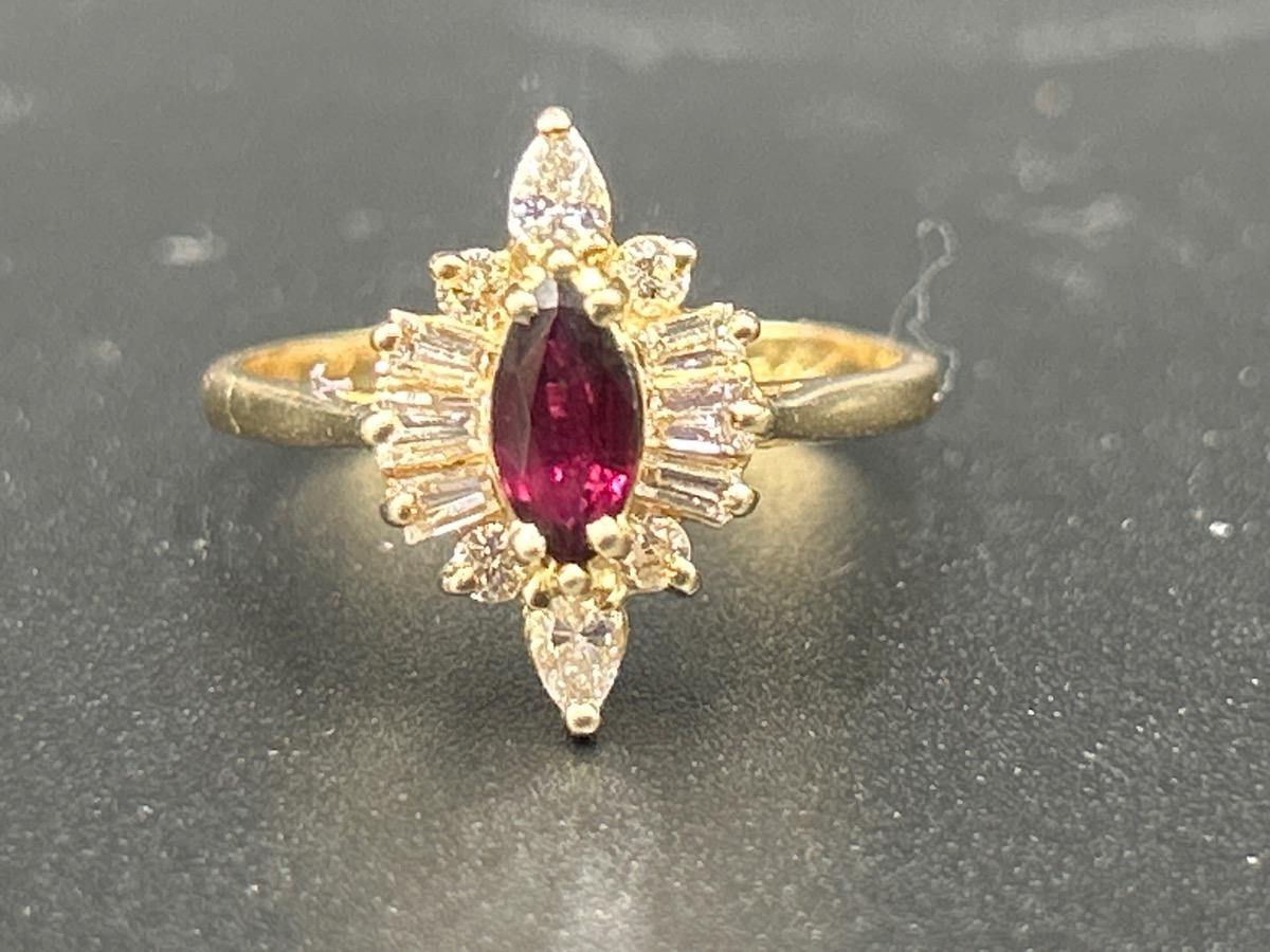Pear Cut 14k Yellow Gold Ruby & Apx 7/10 CTW Pear Diamond Ring Size 6.5 For Sale