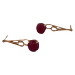 14K Yellow Gold Ruby Cabochon Long Earrings With Drop Detailing