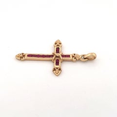 14K Yellow Gold Ruby Cross Pendant Channel Set With Gothic Influence
