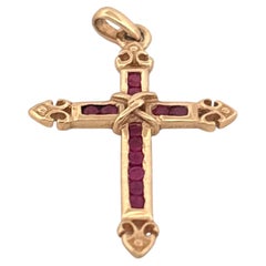 14K Yellow Gold Ruby Cross Pendant Channel Set With Gothic Influence