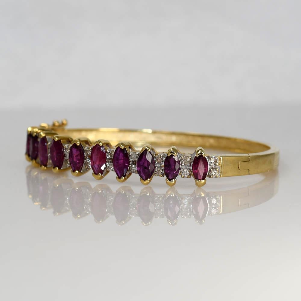 Marquise Cut 14K Yellow Gold Ruby & Diamond Bangle Bracelet, 17.8g, 3.00tcw For Sale