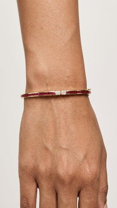 Pulsera de oro amarillo de 14 quilates con rubíes y diamantes Pulsera de oro hecha a mano para mujer