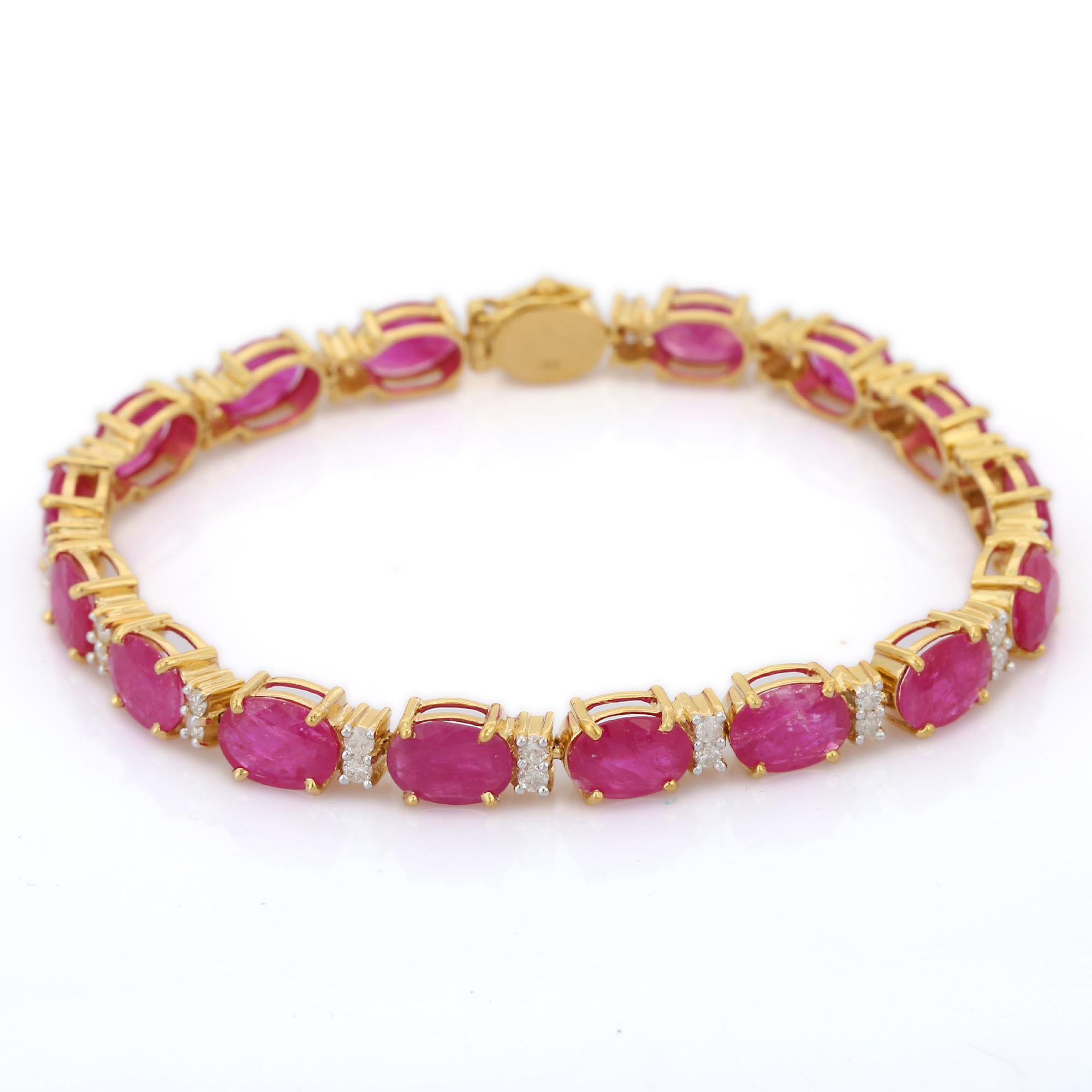 Oval Cut 14K Yellow Gold Ruby Diamond Bracelet For Sale