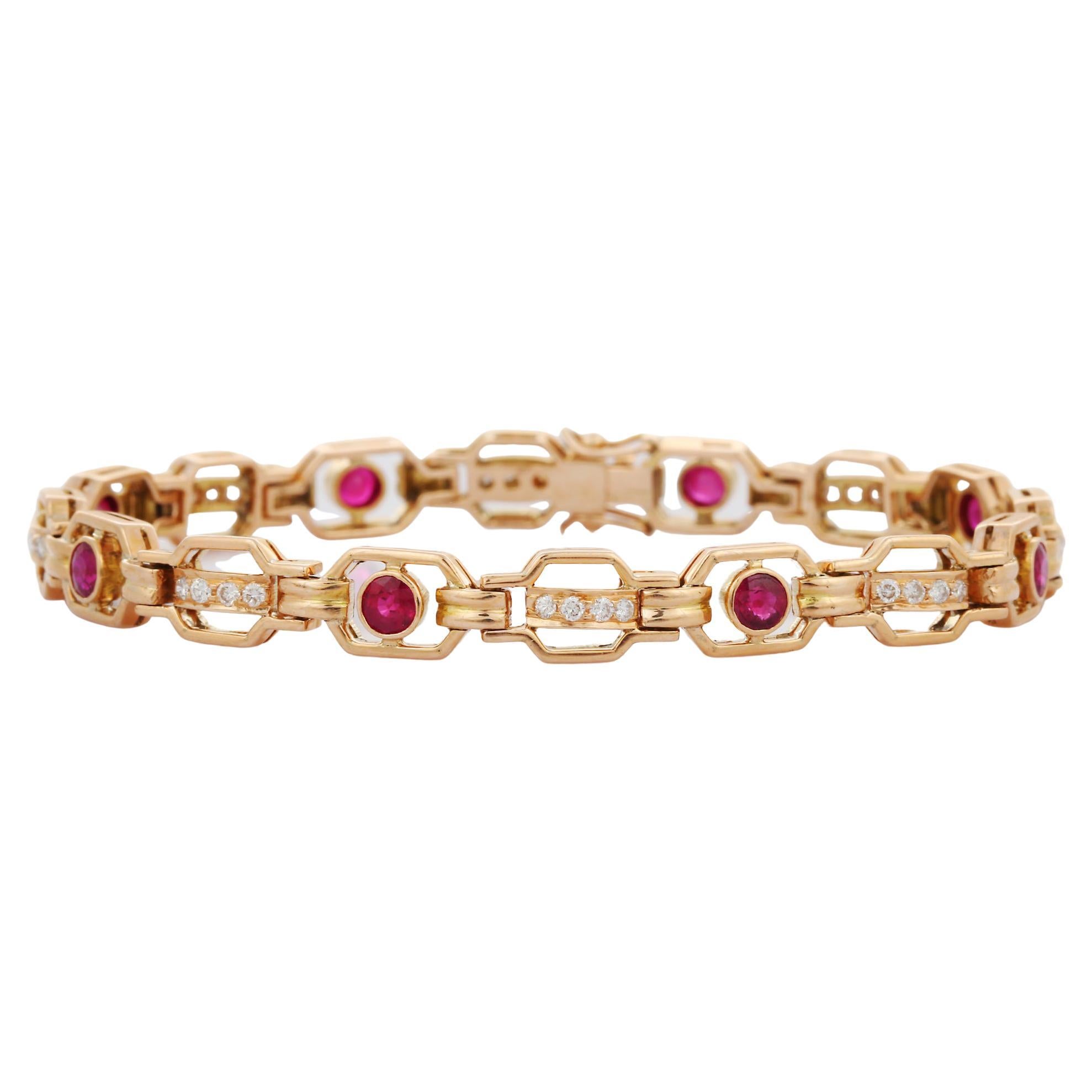 14K Yellow Gold Ruby Diamond Bracelet For Sale