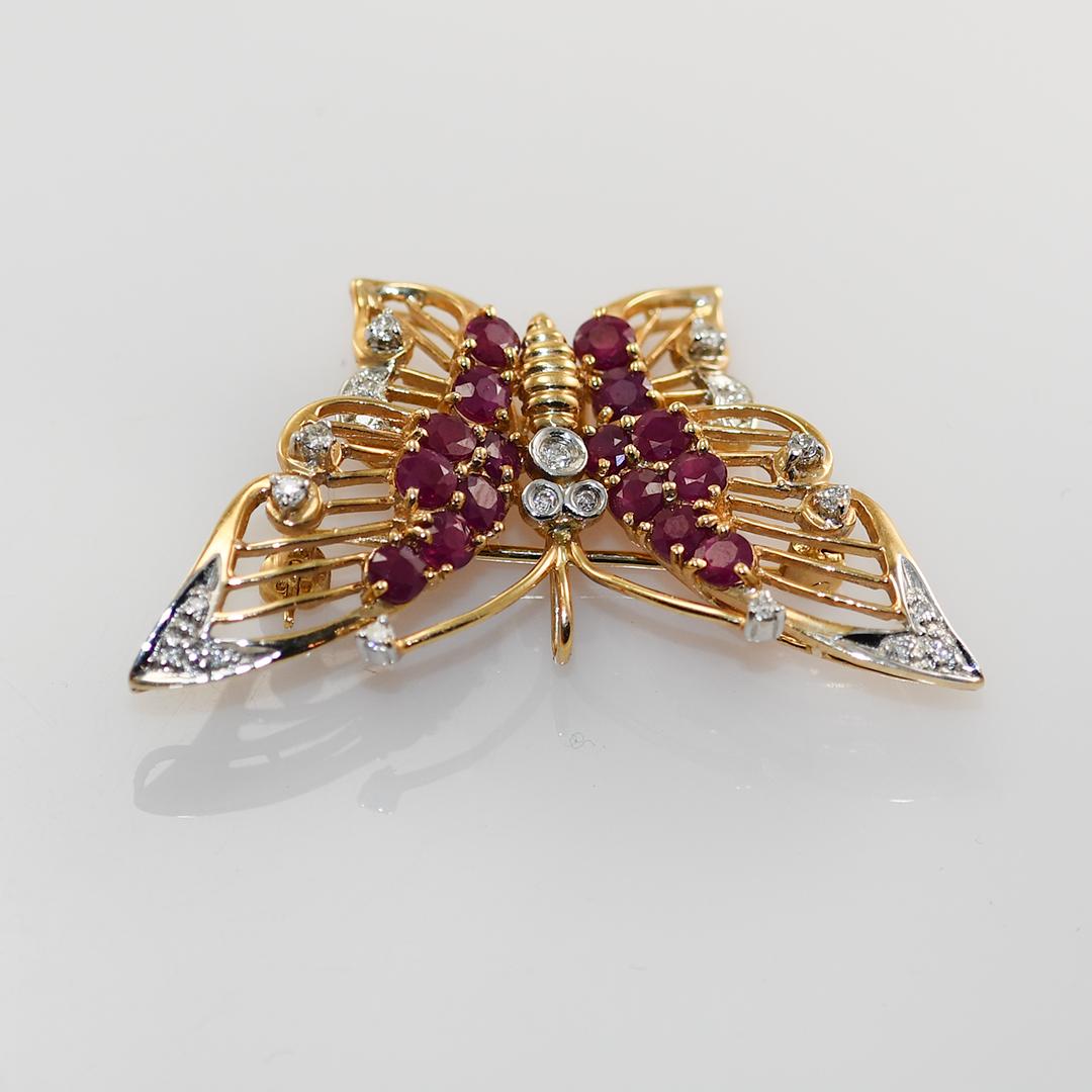 Broche papillon en or jaune 14K avec rubis et diamants, 5g Unisexe en vente