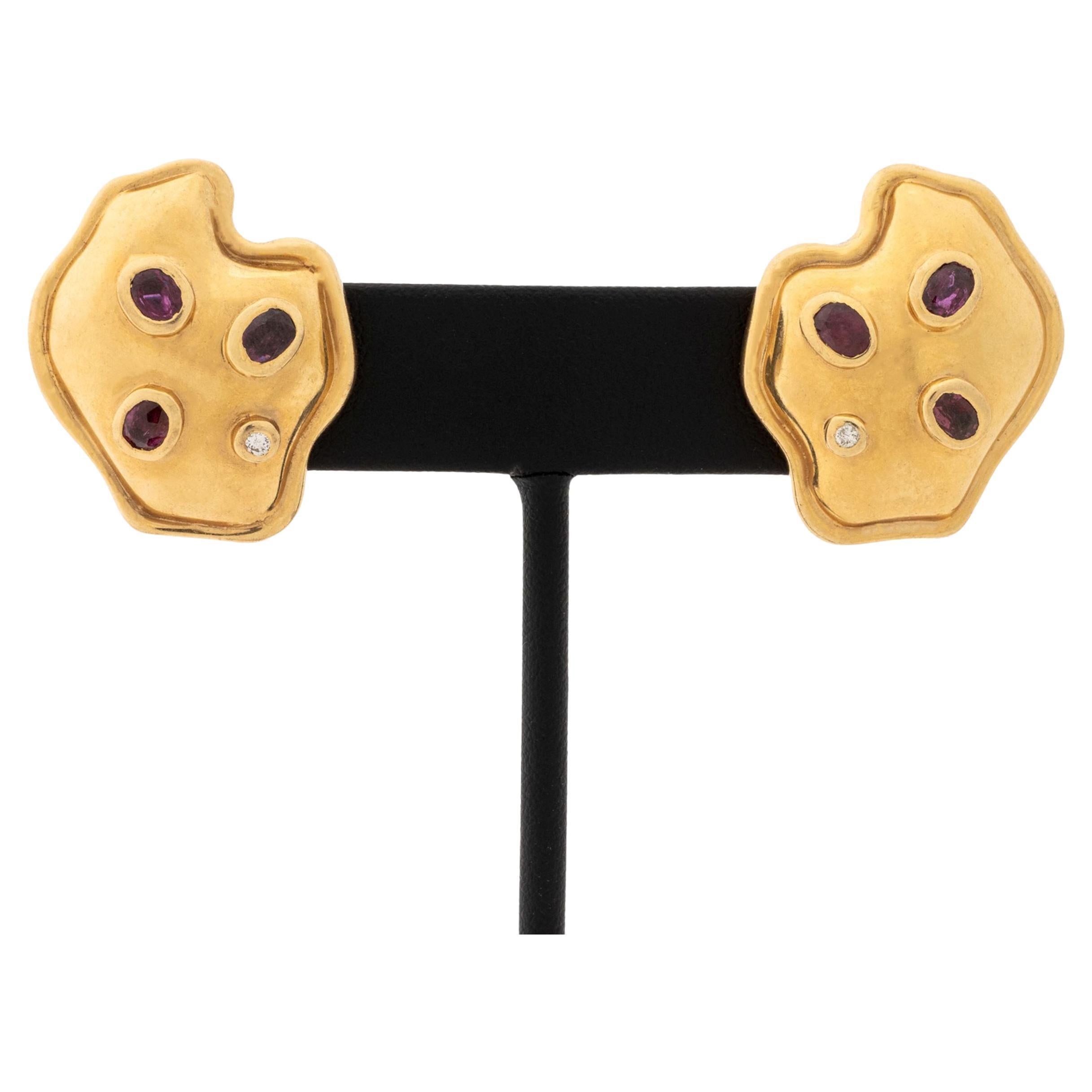 14K Yellow Gold Ruby Diamond Earrings