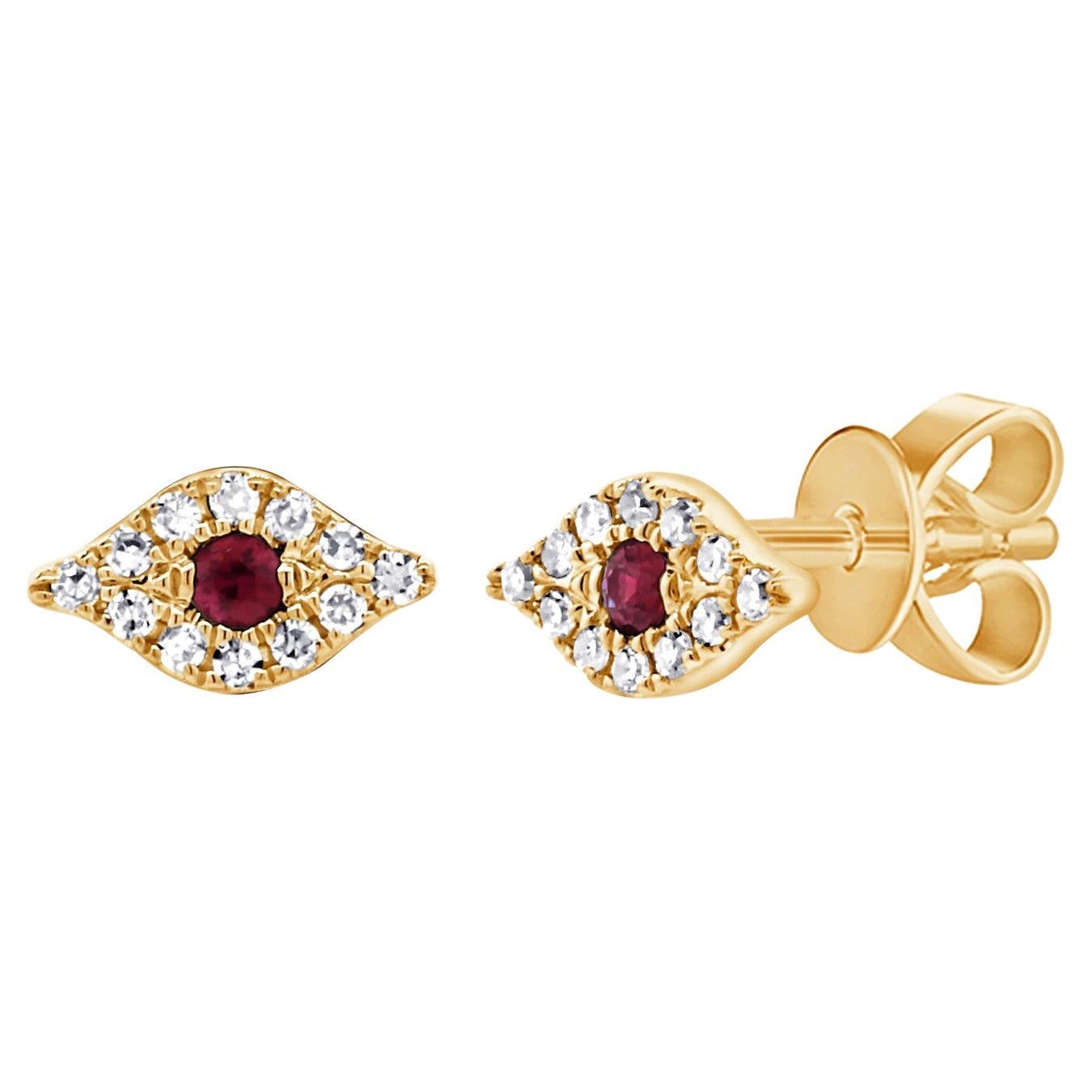 14K Yellow Gold Ruby & Diamond Evil Eye Stud Earrings for Her For Sale