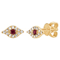 14K Yellow Gold Ruby & Diamond Evil Eye Stud Earrings for Her