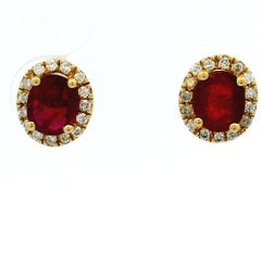 14K Yellow Gold Ruby & Diamond Halo Stud Earrings