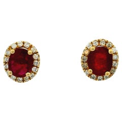 14K Yellow Gold Ruby & Diamond Halo Stud Earrings