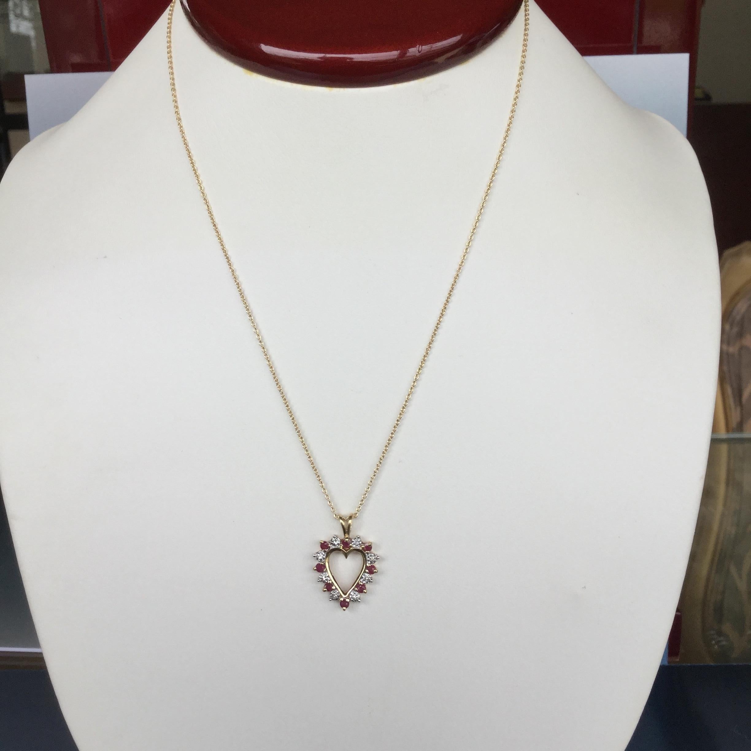 Modern 14 Karat Yellow Gold Ruby and Diamond Heart Pendant Necklace For Sale