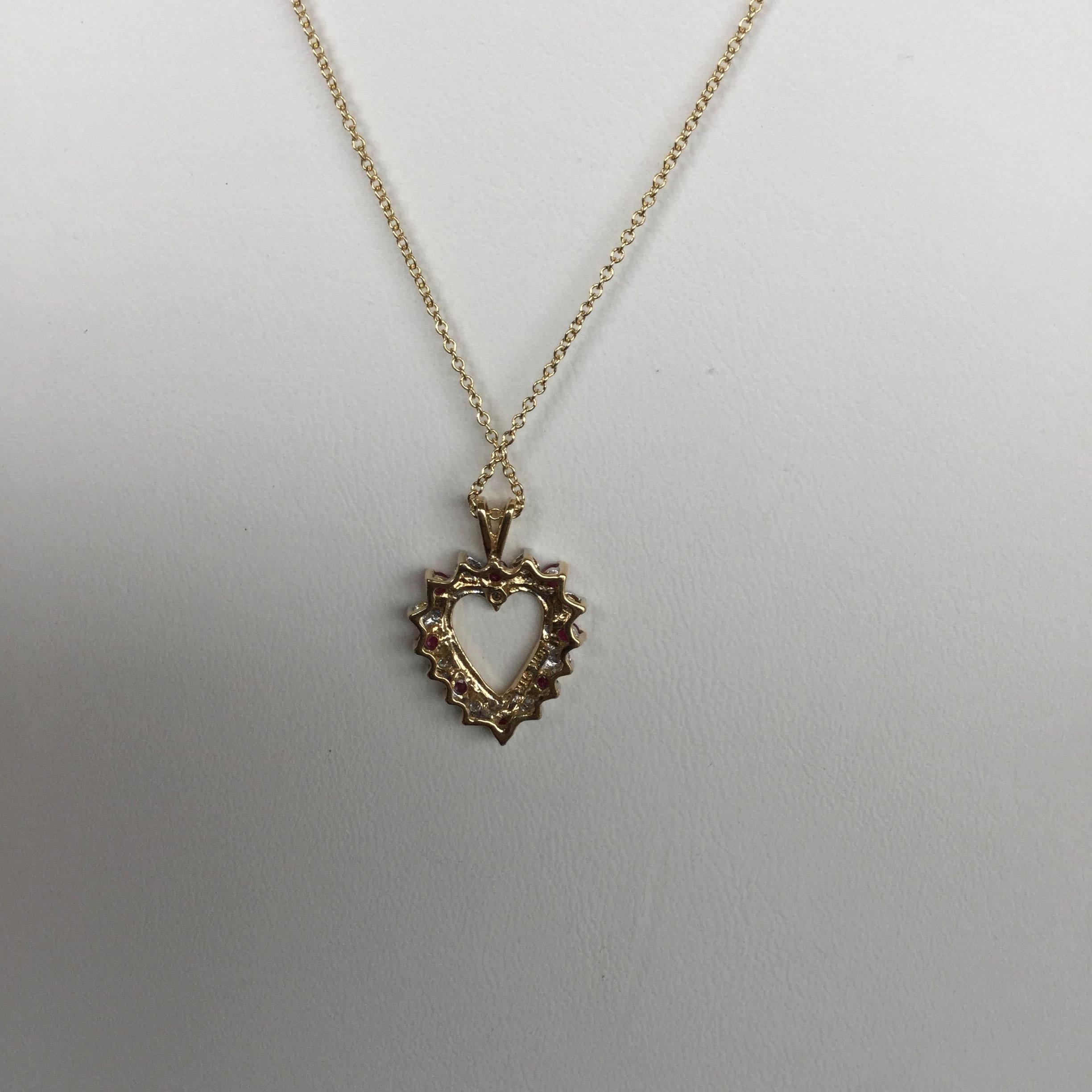 Round Cut 14 Karat Yellow Gold Ruby and Diamond Heart Pendant Necklace For Sale