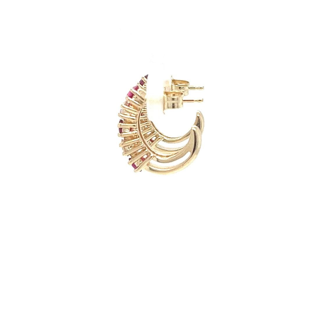 Brilliant Cut 14K Yellow Gold Ruby & Diamond Huggie Hoop Earrings For Sale