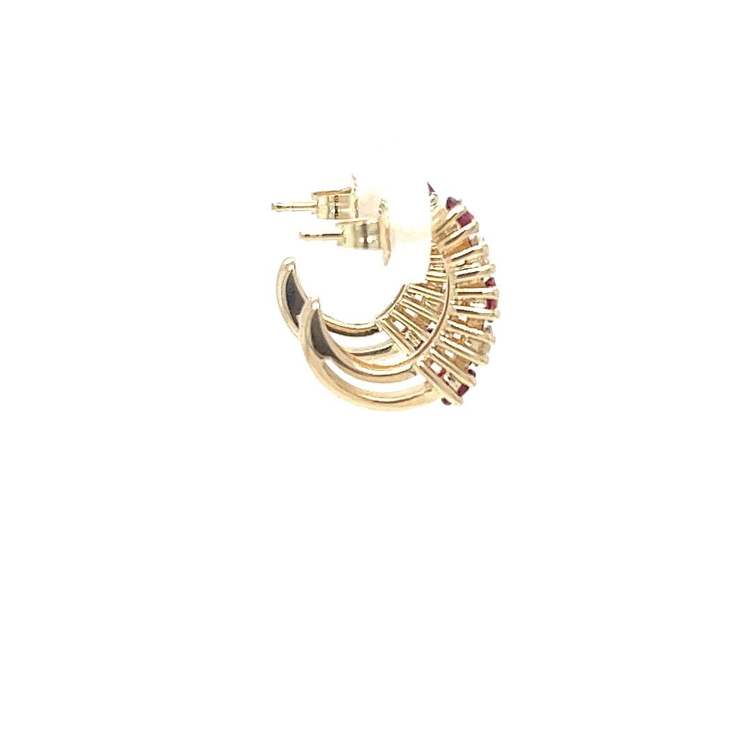 Women's 14K Yellow Gold Ruby & Diamond Huggie Hoop Earrings For Sale