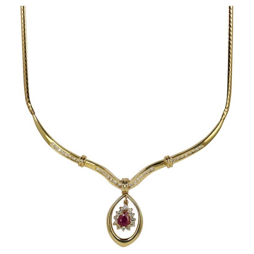 14K Yellow Gold Ruby Diamond Necklace .50ct Ruby, .50TDW For Sale