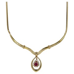 Vintage 14K Yellow Gold Ruby Diamond Necklace .50ct Ruby, .50TDW