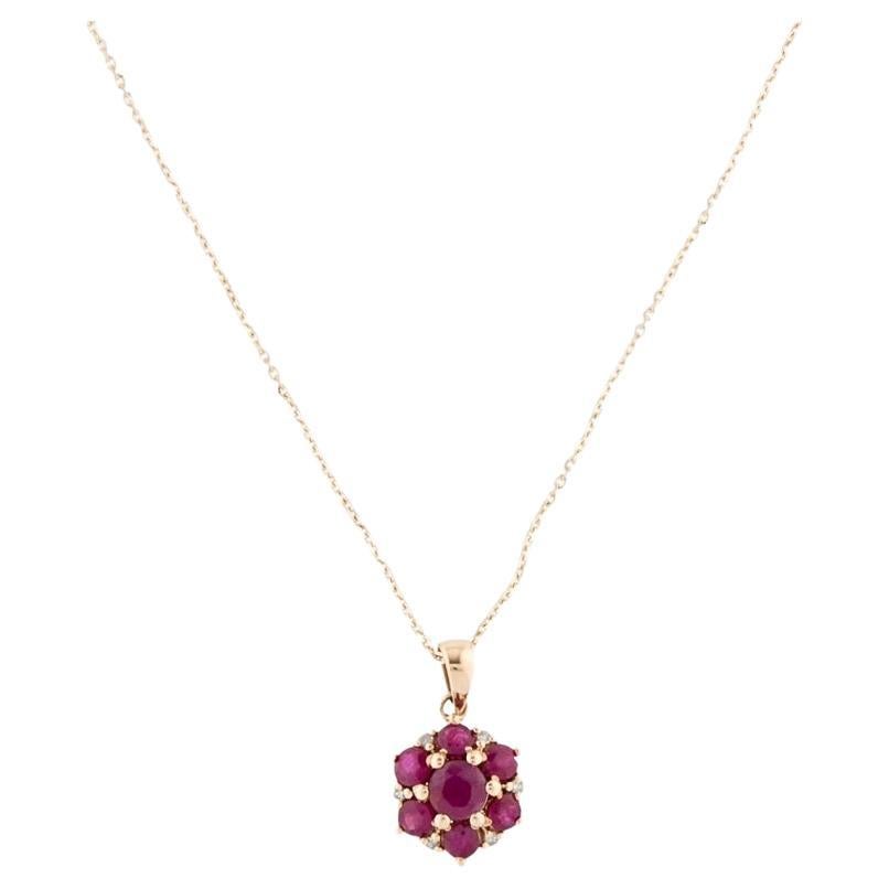 14K Yellow Gold Ruby & Diamond Pendant Necklace, 16" For Sale