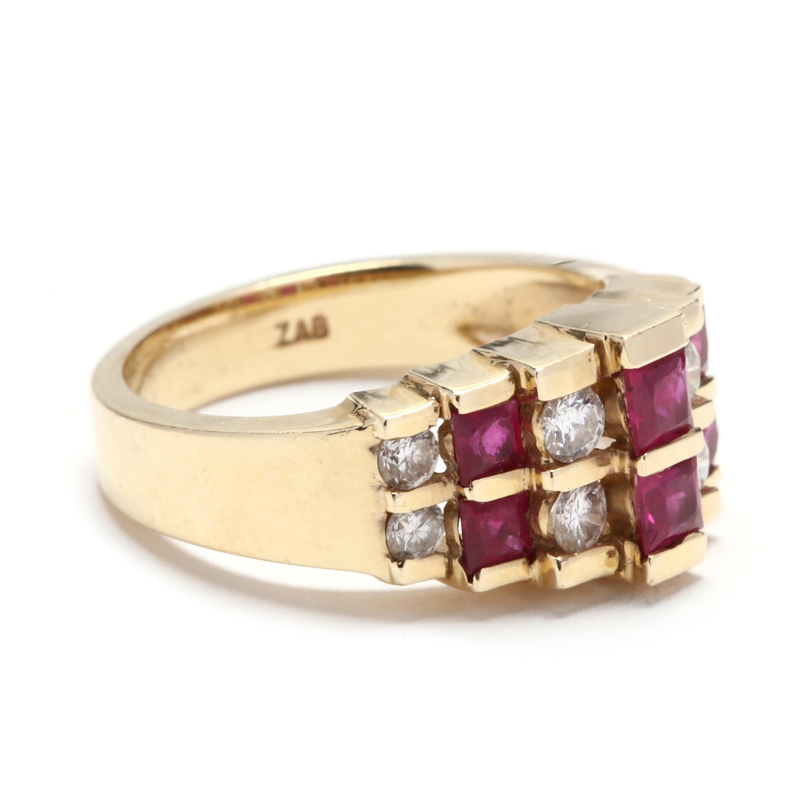 A 14 karat yellow gold, ruby and diamond pyramid ring. A pyramid, step design with alternating square cut rubies and full cut round diamonds weighing approximately .44 total carats and a tapered shank.

July Birthstone

Stones:
- rubies, 6 stones
-