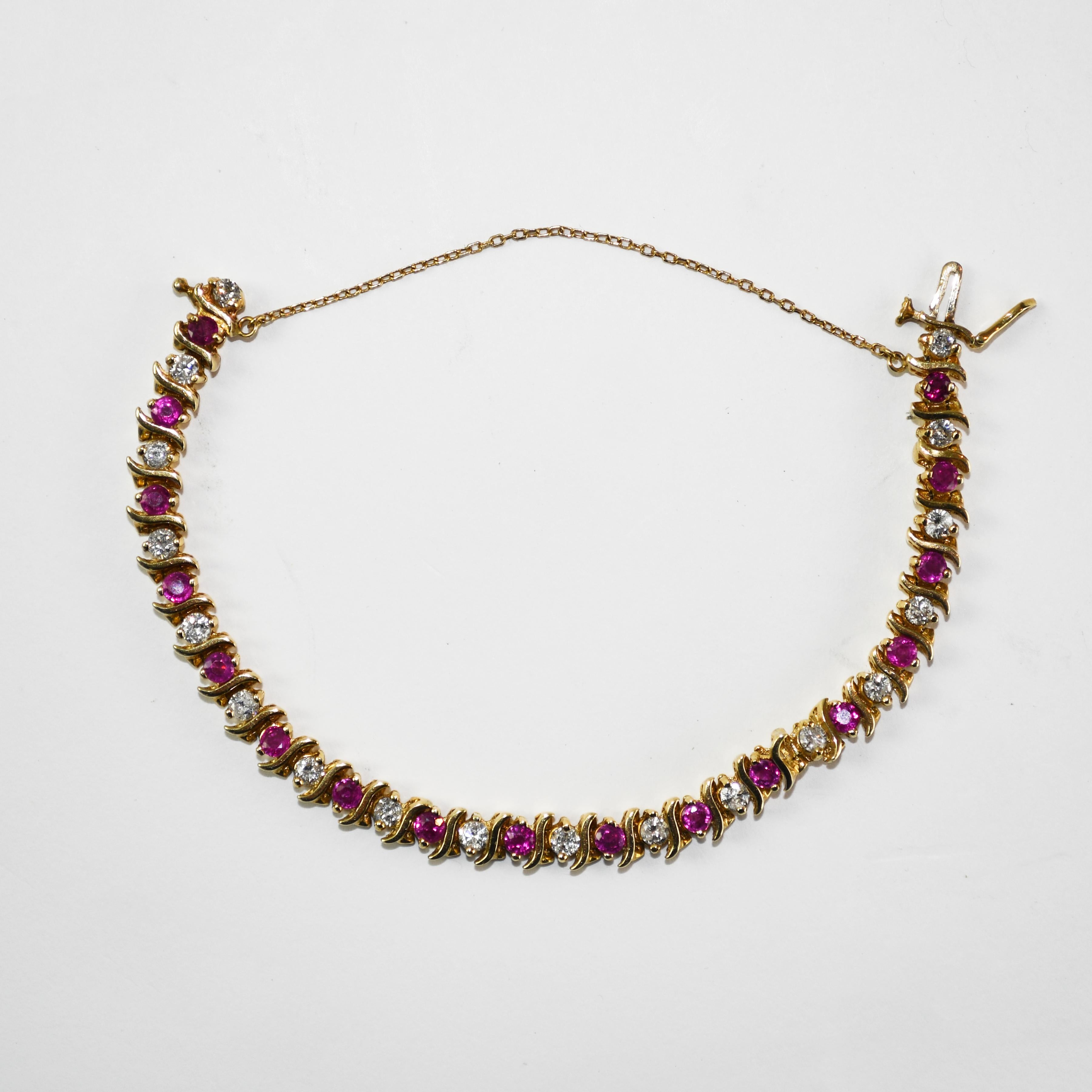 Round Cut 14K Yellow Gold Ruby & Diamond Tennis Bracelet For Sale