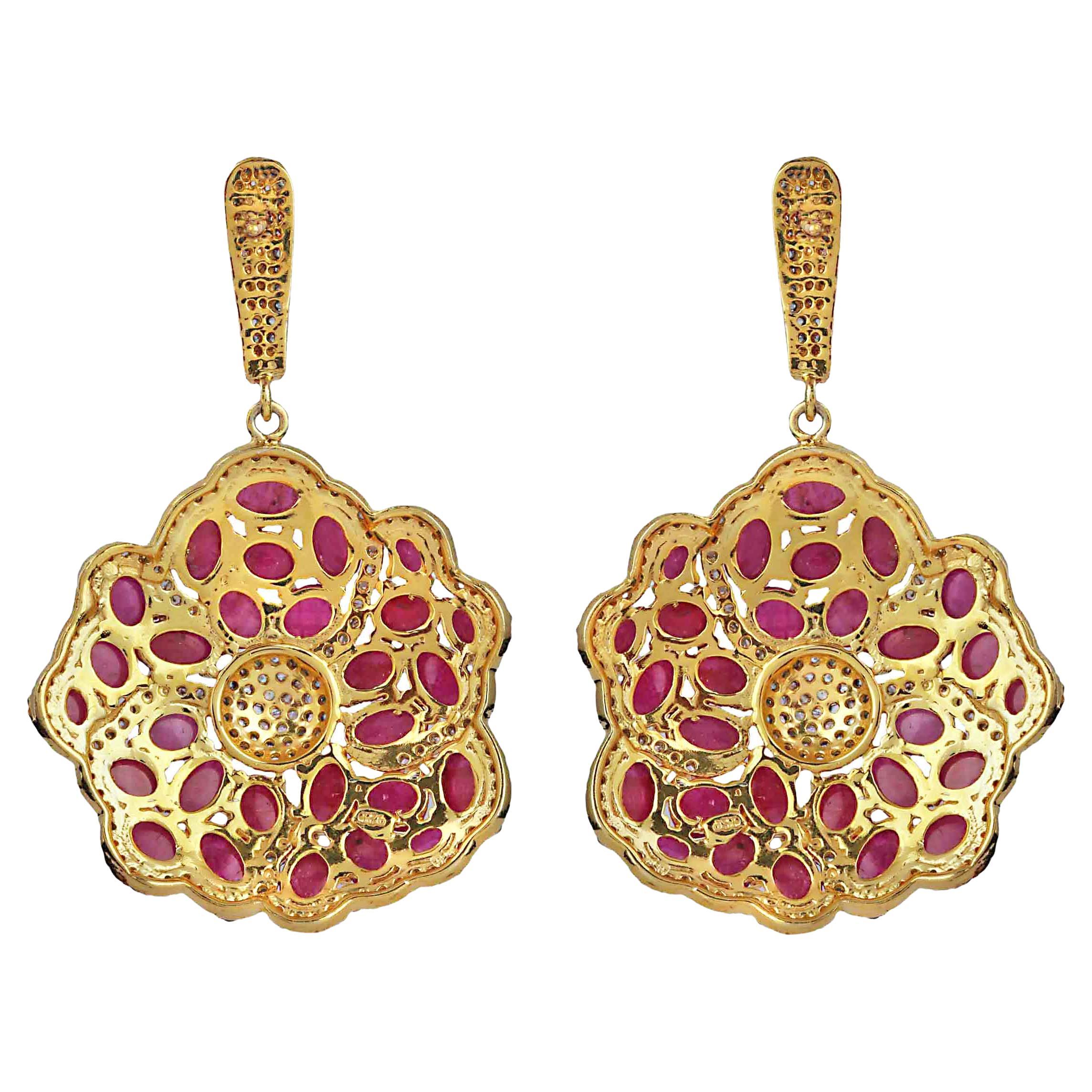 14K Yellow Gold Ruby Gemstone Drop Dangle Earring with 1.33 Carat Diamond For Sale at 1stDibs