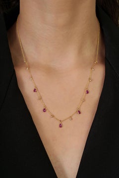 14K Yellow Gold Ruby Drop Station Necklace with Diamond Accents Layering Jewelry