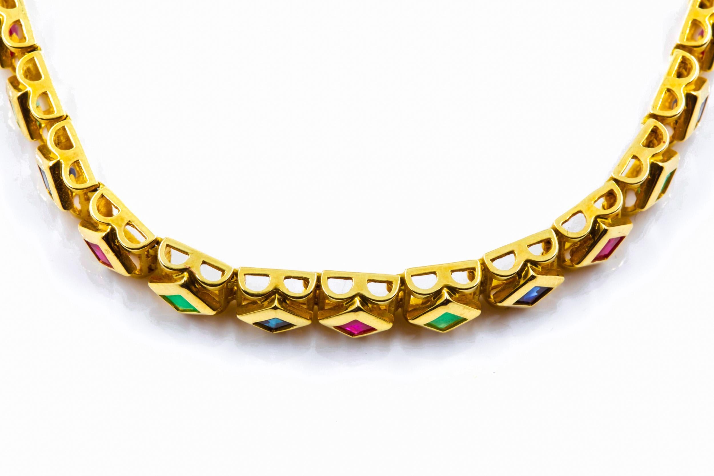 14K Yellow Gold Ruby, Emerald and Sapphire Line Bracelet, 7